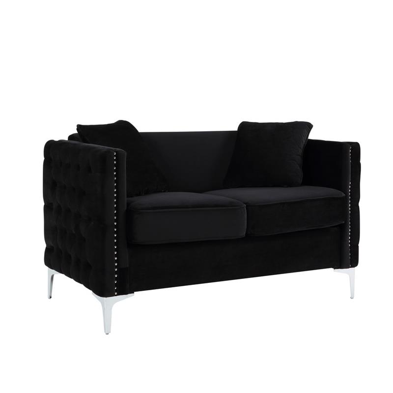 Bowery Hill Black Velvet Sofa Loveseat Chair Living Room Set