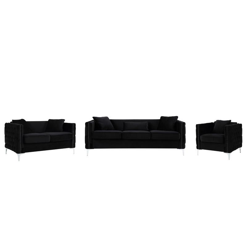 Bowery Hill Black Velvet Sofa Loveseat Chair Living Room Set