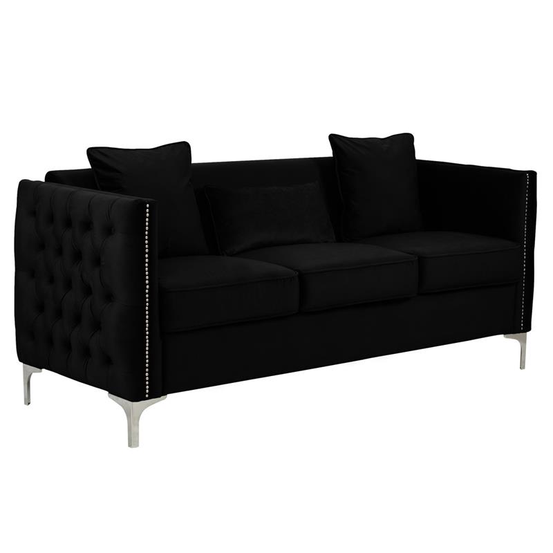 Bowery Hill Contemporary Black Velvet Fabric Sofa Couch with 3 Pillows