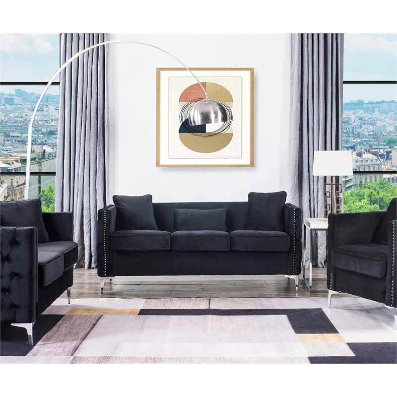 Bowery Hill Contemporary Black Velvet Fabric Sofa Couch with 3 Pillows