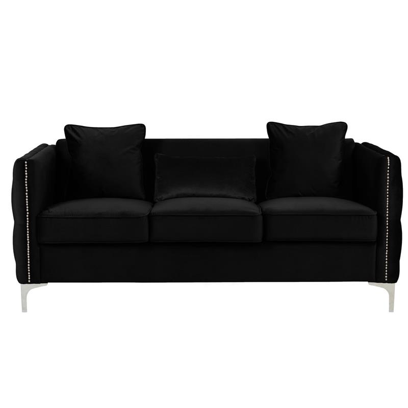 Bowery Hill Contemporary Black Velvet Fabric Sofa Couch with 3 Pillows