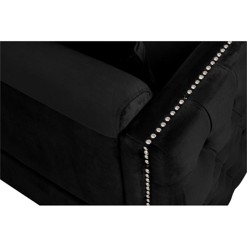 Bowery Hill Contemporary Black Velvet Fabric Sofa Couch with 3 Pillows