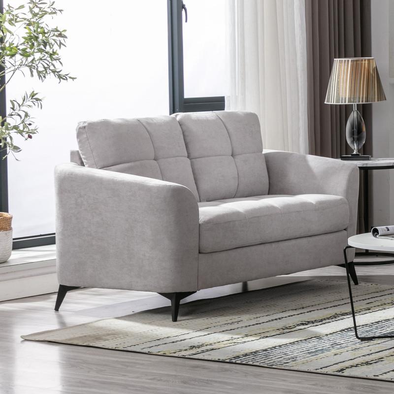 Bowery Hill Light Gray Velvet Fabric Loveseat with Tufted Cushion and Metal Legs