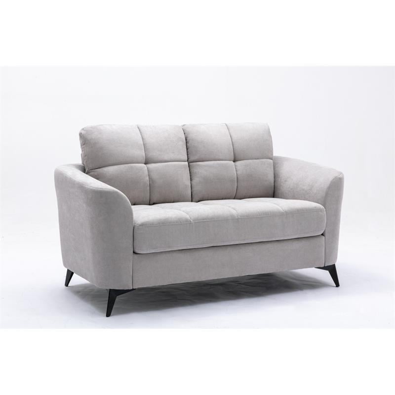 Bowery Hill Light Gray Velvet Fabric Loveseat with Tufted Cushion and Metal Legs
