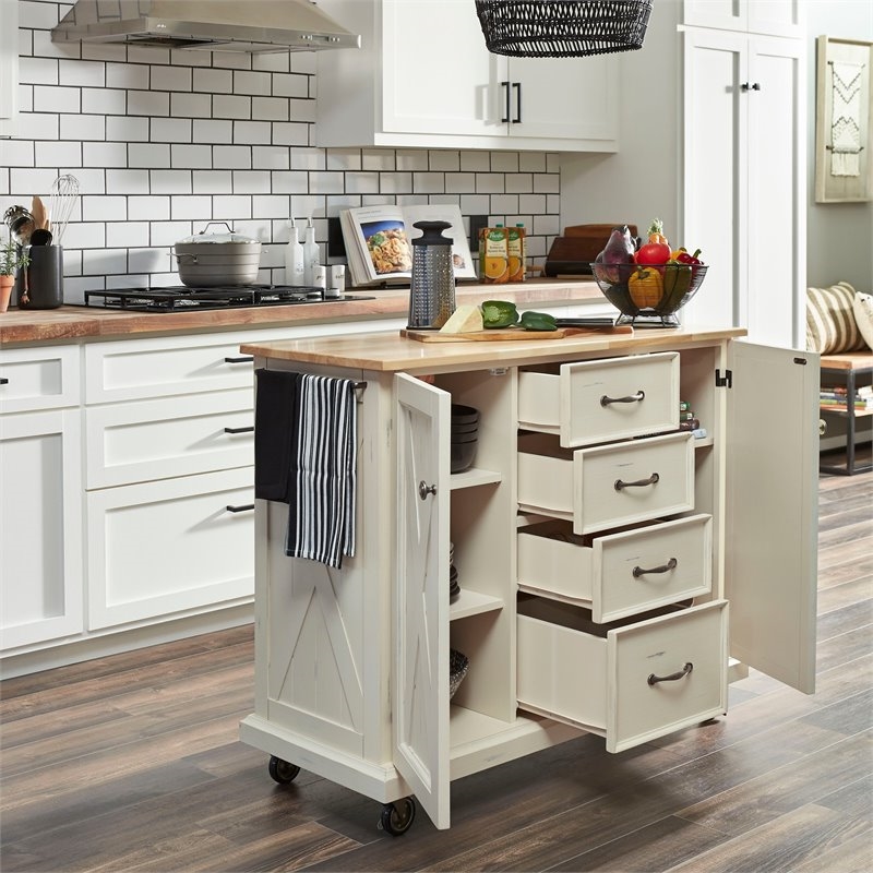 Bowery Hill Wood Kitchen Cart with 4 Drawers & 2 Towel Bars in Off White