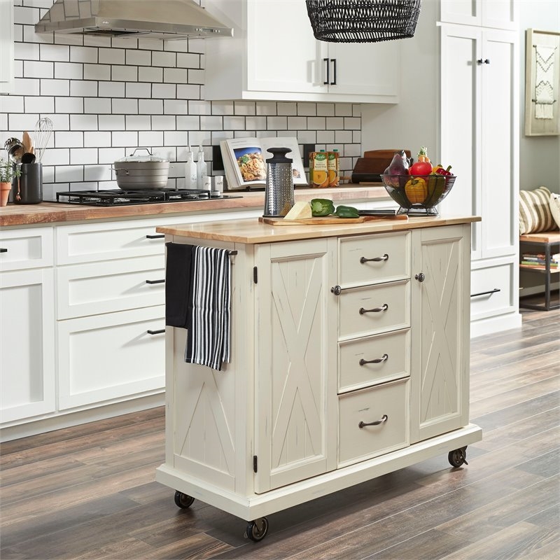 Bowery Hill Wood Kitchen Cart with 4 Drawers & 2 Towel Bars in Off White