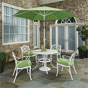 bowery hill 7 piece outdoor dining set with umbrella and cushions in white