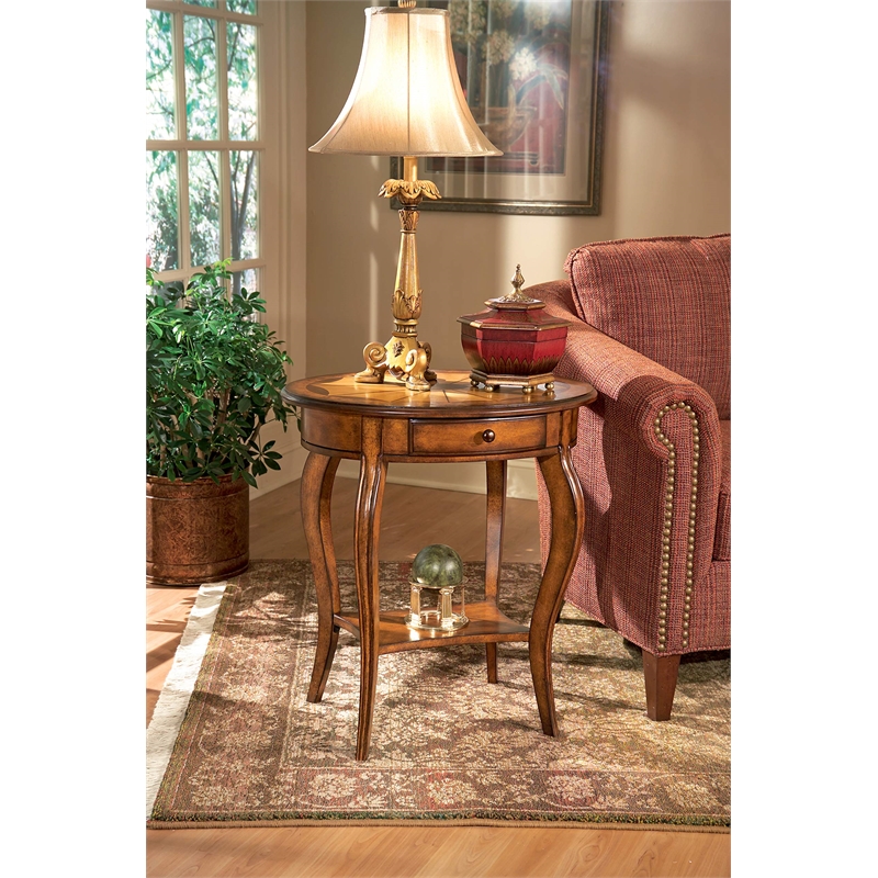 Bowery Hill Transitional Wooden Olive Ash Burl Oval Accent Table in Brown