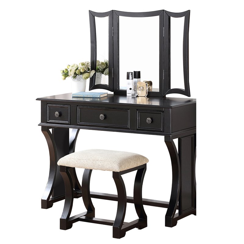 Bowery Hill Furniture Wood Vanity Set with Stool and Mirror in Black