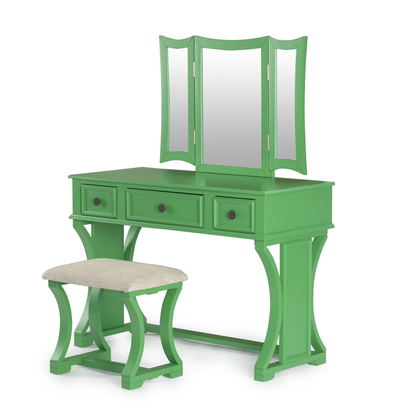 Bowery Hill Wood Vanity Set with Stool and Mirror in Apple Green