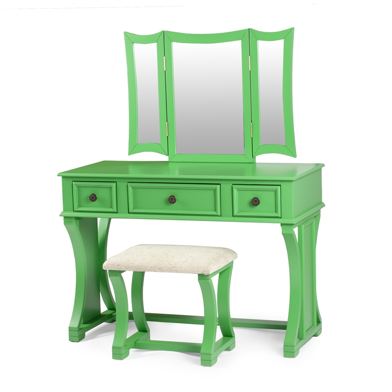 Bowery Hill Wood Vanity Set with Stool and Mirror in Apple Green