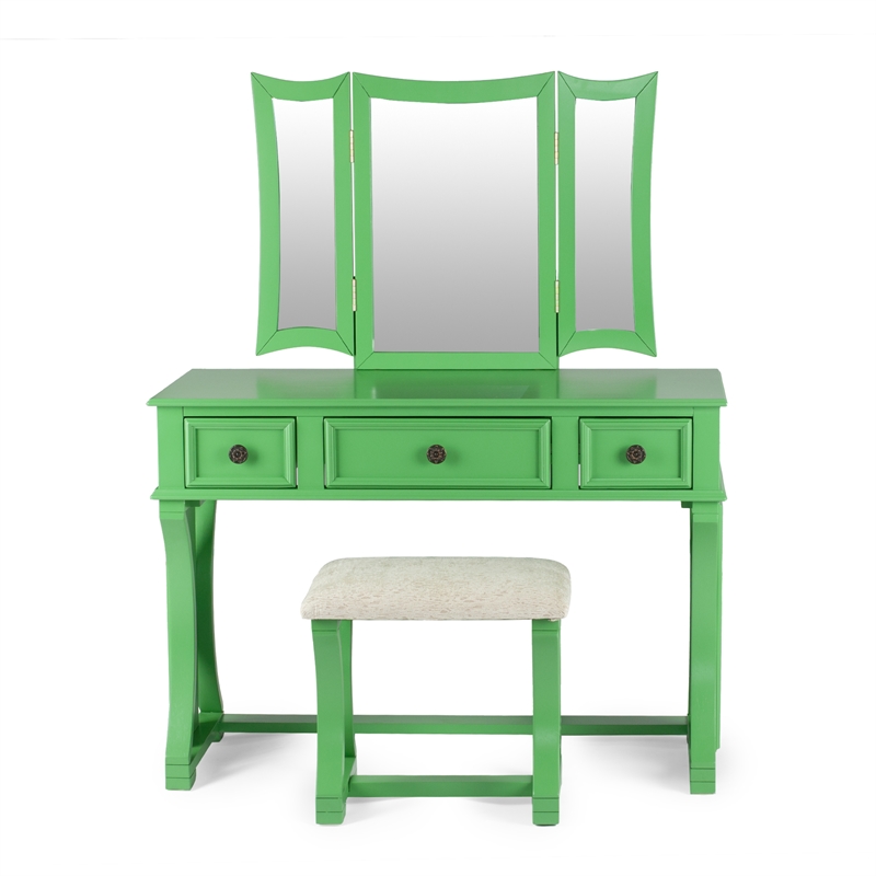 Bowery Hill Wood Vanity Set with Stool and Mirror in Apple Green