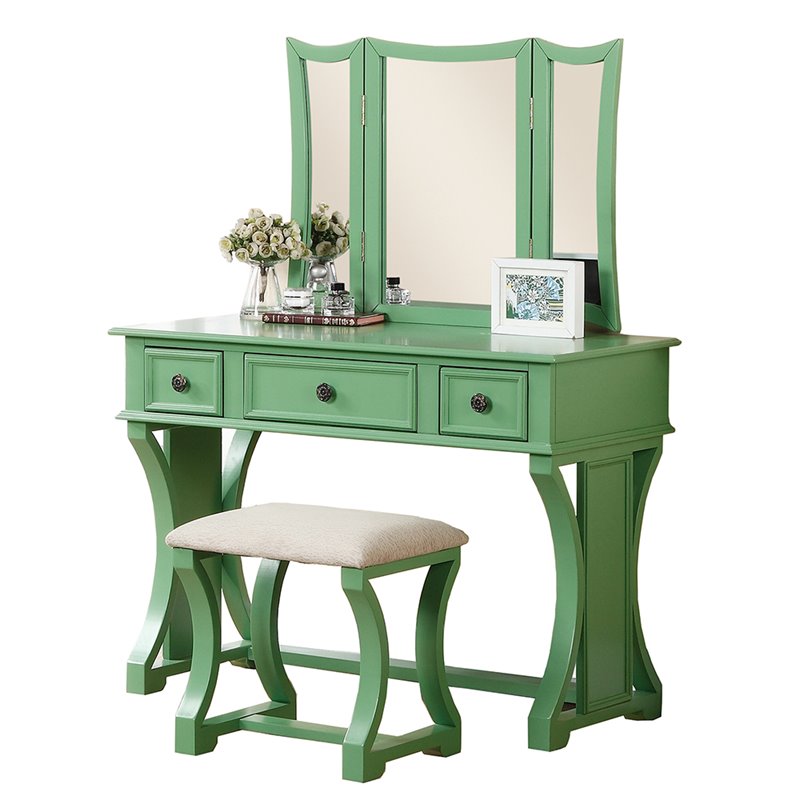 Bowery Hill Wood Vanity Set with Stool and Mirror in Apple Green