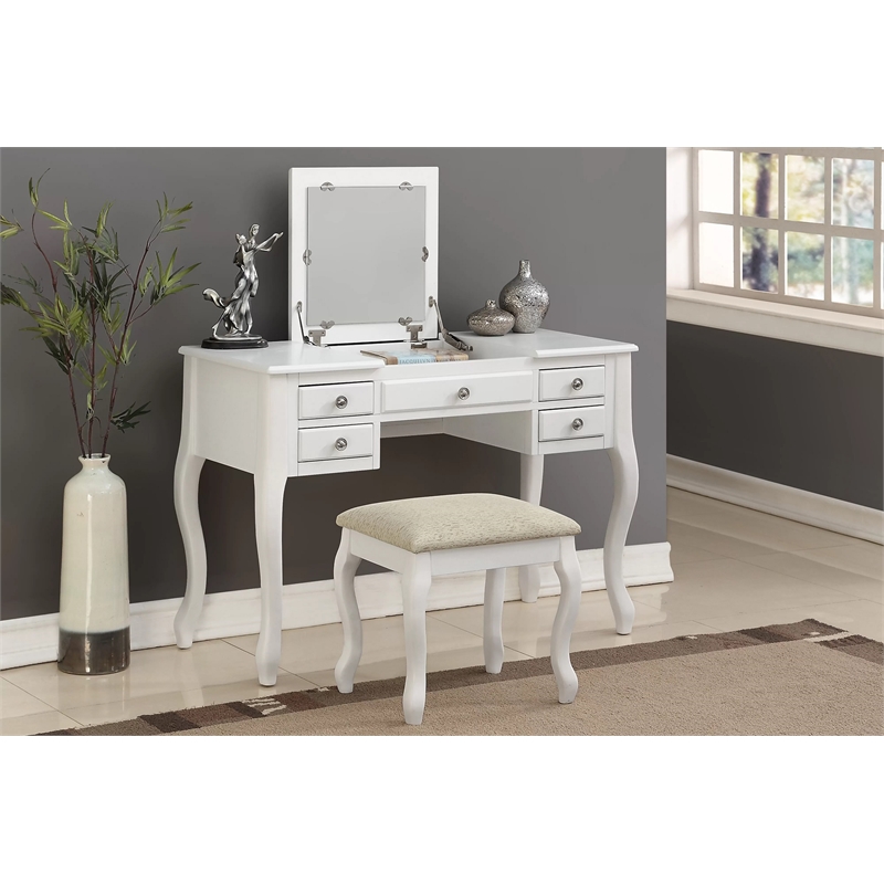 Bowery Hill Furniture Wood Vanity Set with Stool and Mirror in White