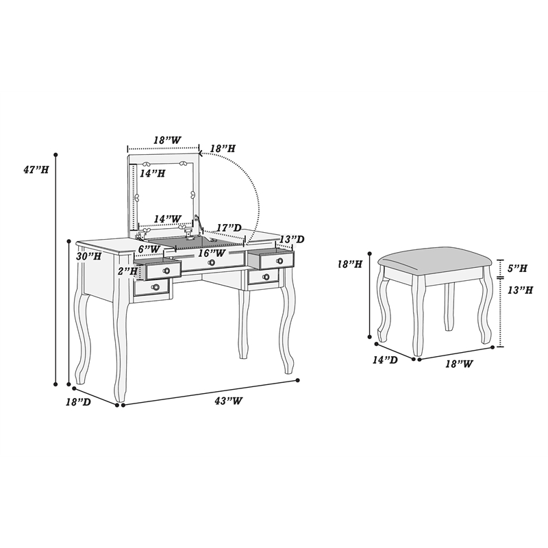 Bowery Hill Furniture Wood Vanity Set with Stool and Mirror in White