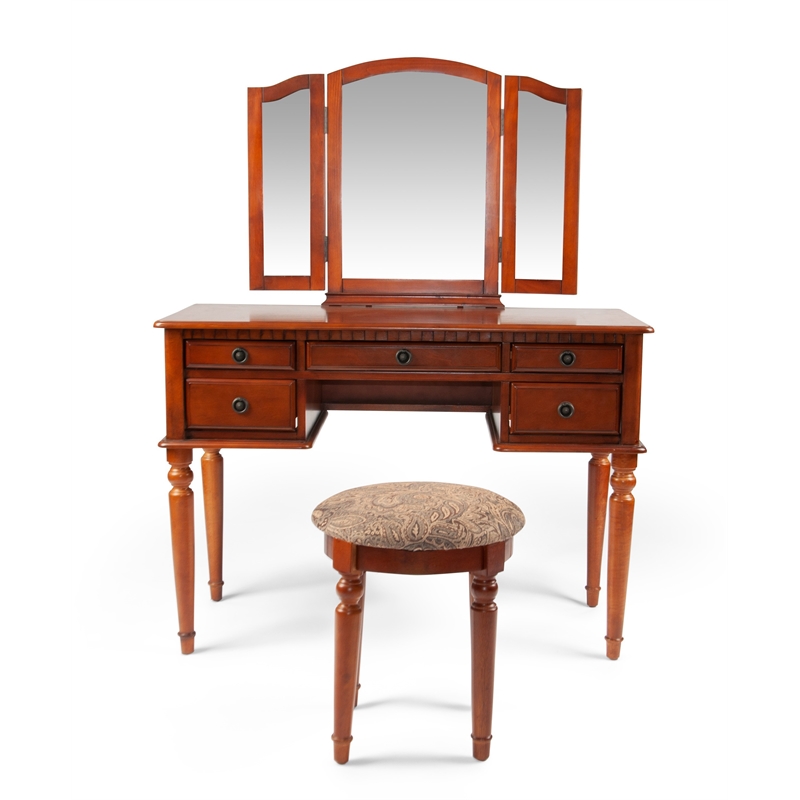 Bowery Hill Furniture Wood Vanity Set with Mirror and Stool in Cherry