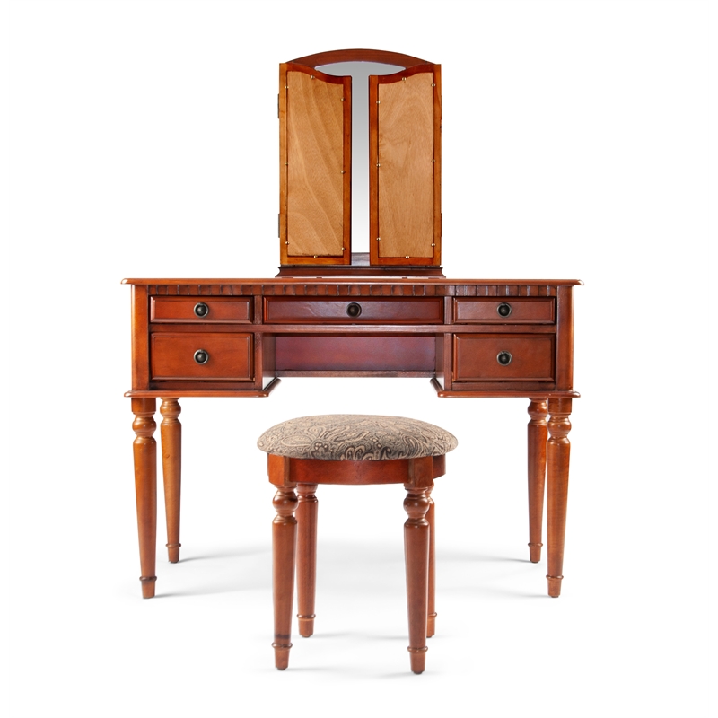 Bowery Hill Furniture Wood Vanity Set with Mirror and Stool in Cherry