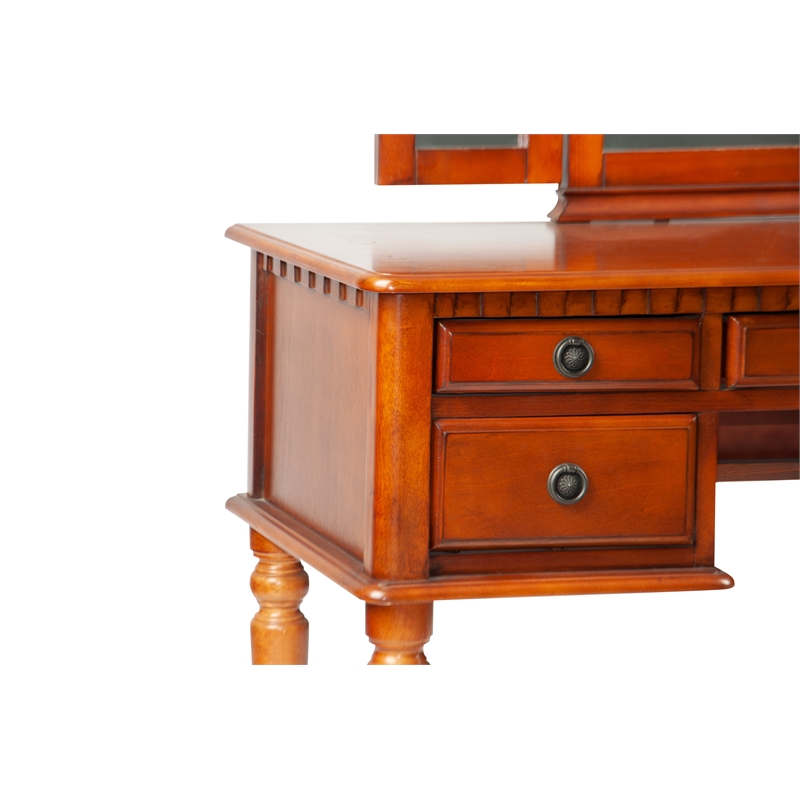 Bowery Hill Furniture Wood Vanity Set with Mirror and Stool in Cherry