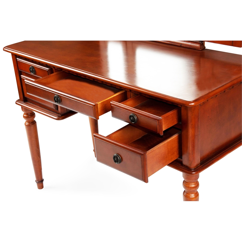 Bowery Hill Furniture Wood Vanity Set with Mirror and Stool in Cherry