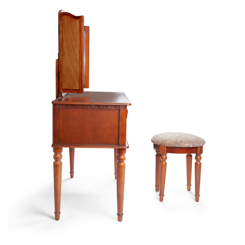 Bowery Hill Furniture Wood Vanity Set with Mirror and Stool in Cherry