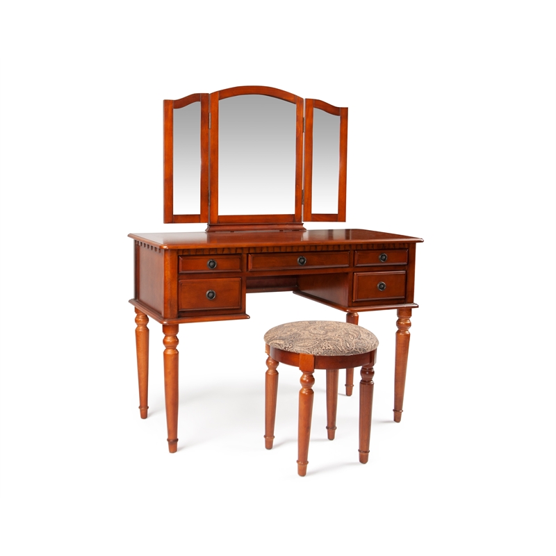 Bowery Hill Furniture Wood Vanity Set with Mirror and Stool in Cherry