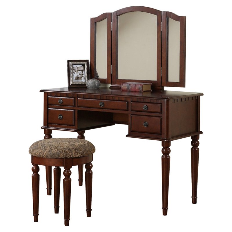 Bowery Hill Furniture Wood Vanity Set with Mirror and Stool in Cherry