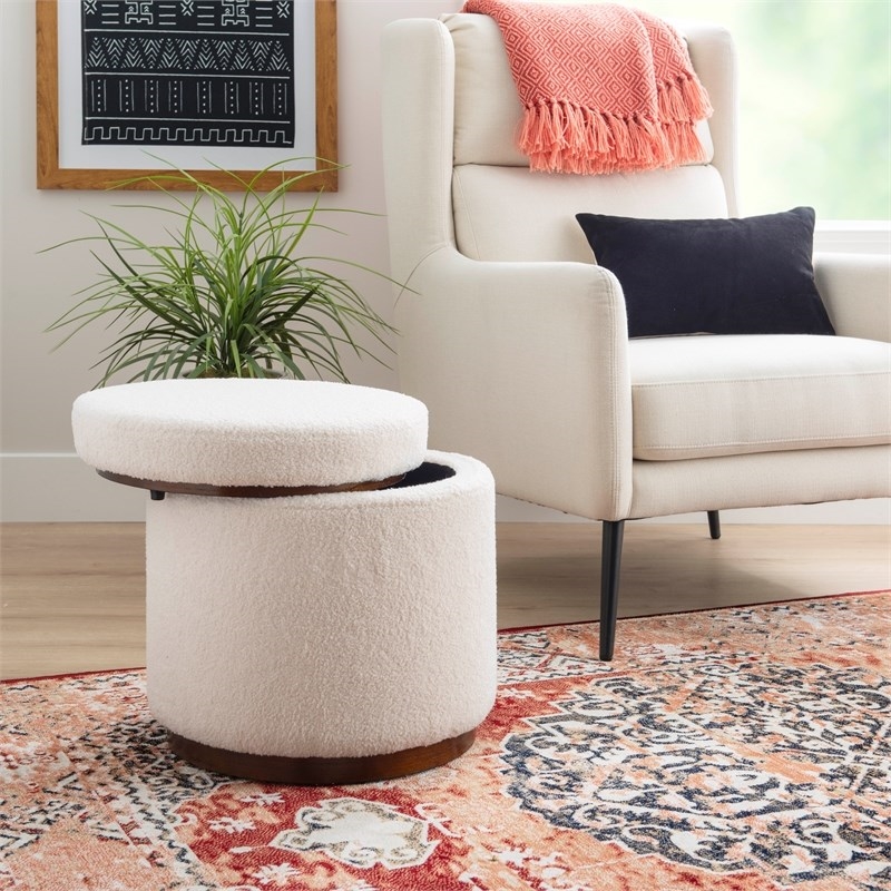 Bowery Hill Sherpa Fabric Upholstered Ottoman with Storage in Walnut Stained