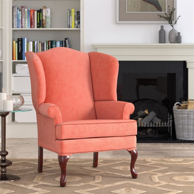 Bowery Hill Traditional Coral Fabric Wing Back Chair in Cherry