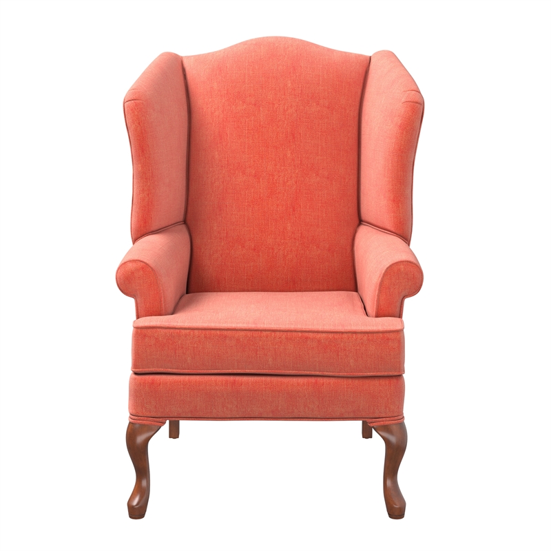 Bowery Hill Traditional Coral Fabric Wing Back Chair in Cherry