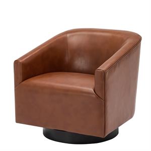 bowery hill modern faux leather wood base swivel accent chair in caramel