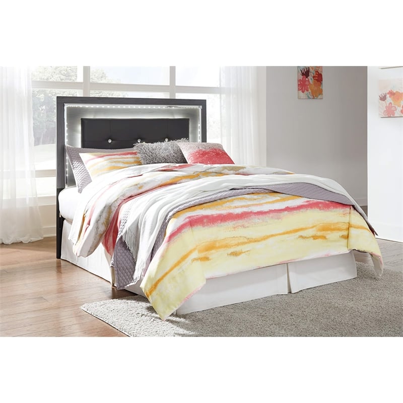 Bowery Hill Engineered Wood/Faux Leather Tufted Full LED Panel Headboard in Gray