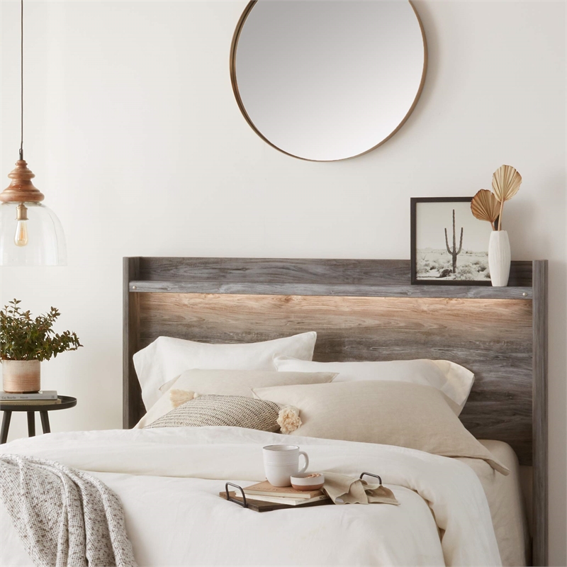 Bowery Hill Engineered Wood Queen LED Panel Headboard in Smokey Gray