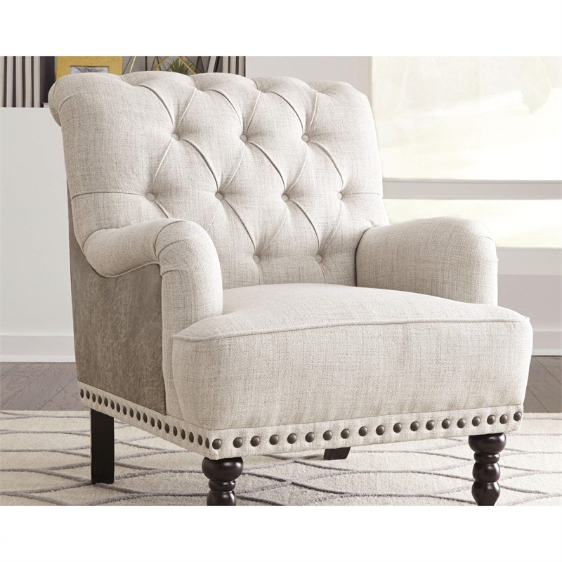 Bowery Hill Faux Leather Tufted Accent Chair with Nailhead Trim in Ivory