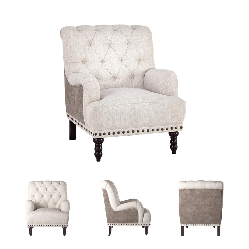 Bowery Hill Faux Leather Tufted Accent Chair with Nailhead Trim in Ivory