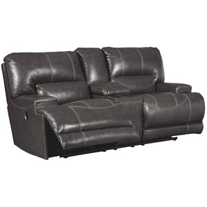 bowery hill leather power reclining loveseat with cup holders in gray