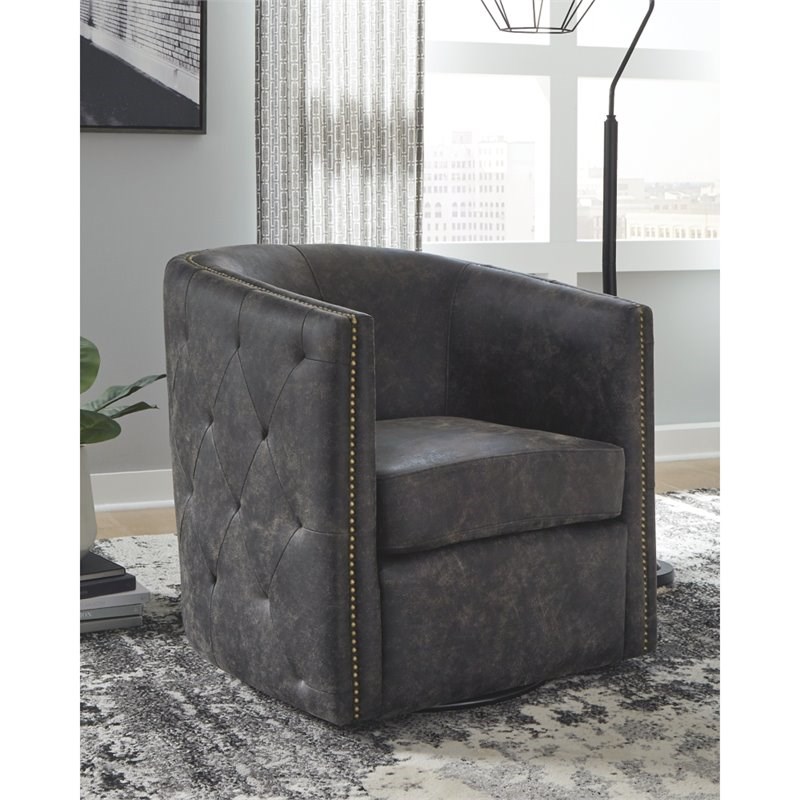 Bowery Hill Faux Leather Swivel Chair in Distressed Black Finish
