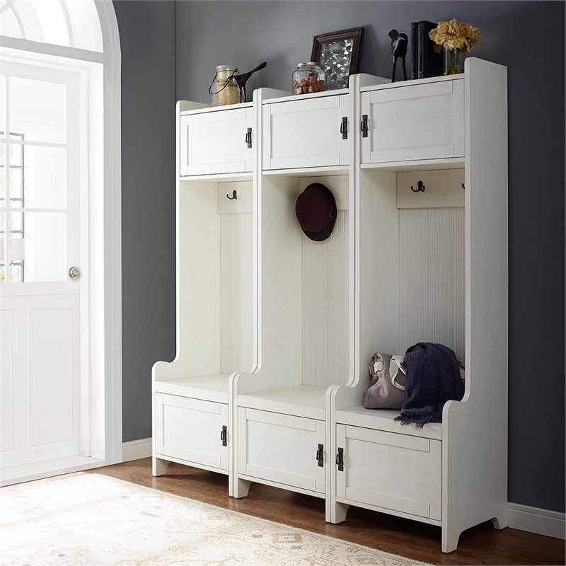 Bowery Hill Wood Hall Tree in Distressed White/Black (Set of 3)