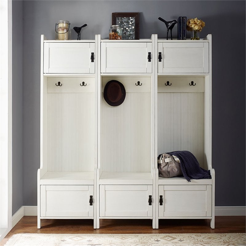 Bowery Hill Wood Hall Tree in Distressed White/Black (Set of 3)