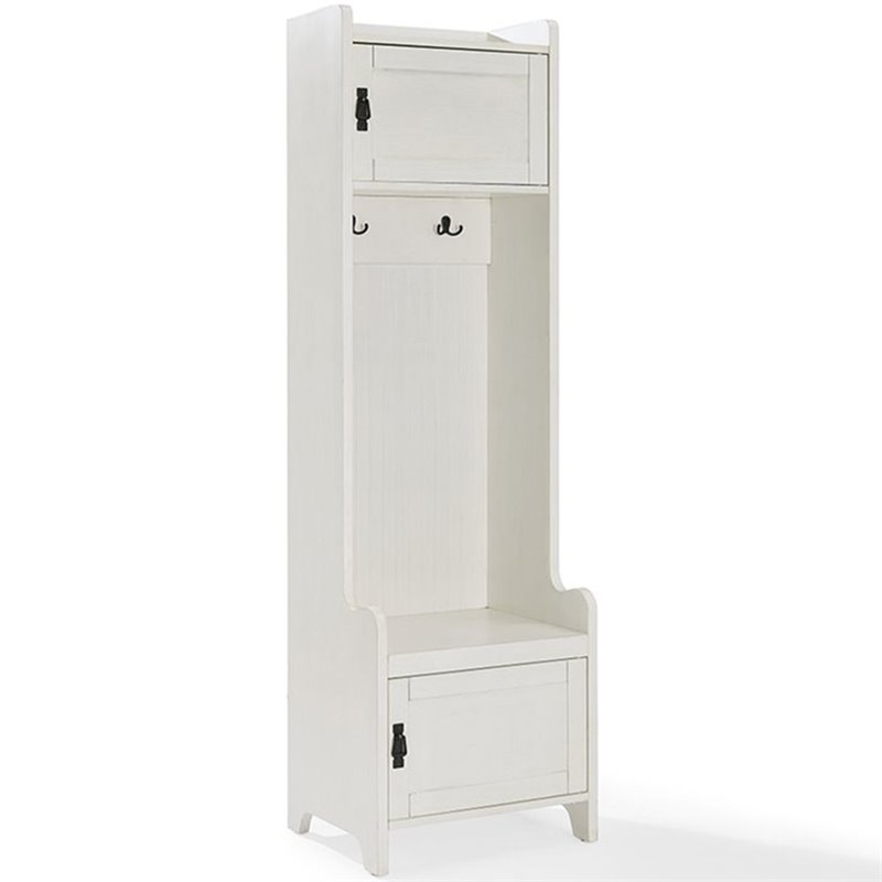 Bowery Hill Wood Hall Tree with 2 Cabinet Doors in Distressed White/Black