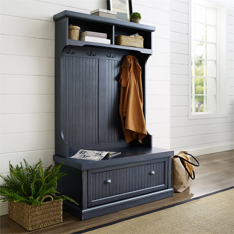 Bowery Hill 4-Hook Coastal Wood Hall Tree in Distressed Navy