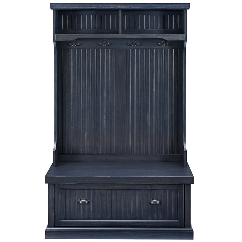 Bowery Hill 4-Hook Coastal Wood Hall Tree in Distressed Navy