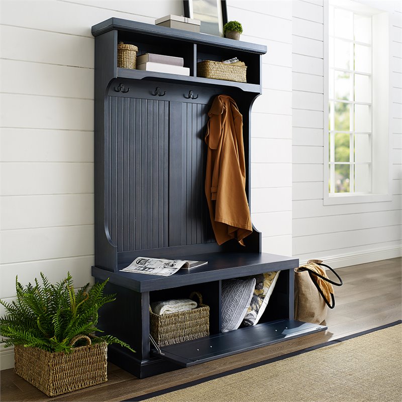 Bowery Hill 4-Hook Coastal Wood Hall Tree in Distressed Navy