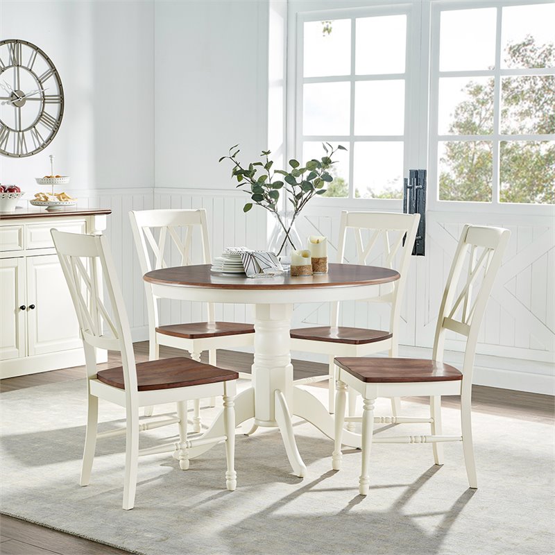 Bowery Hill 5-Piece Round Pedestal Wood Dining Set in Rubbed White/Rich Cherry