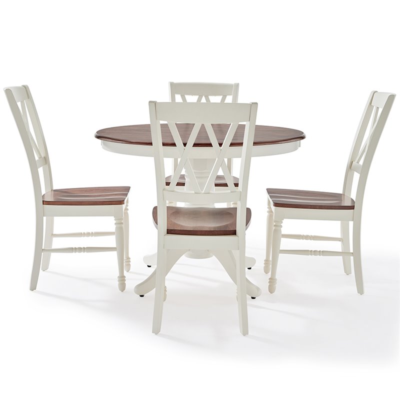 Bowery Hill 5-Piece Round Pedestal Wood Dining Set in Rubbed White/Rich Cherry