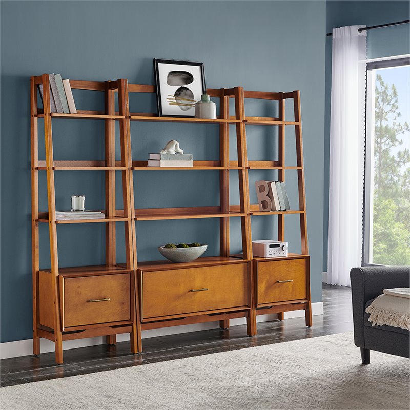 Bowery Hill 3-Piece Mid-Century Wood Etagere Bookcase Set in Acorn Brown