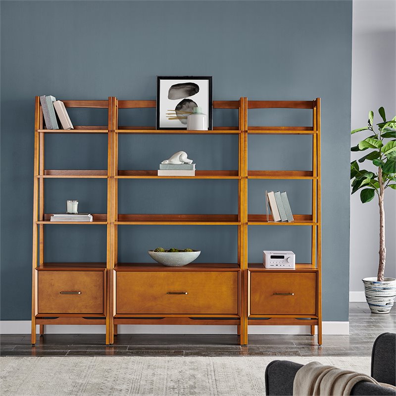 Bowery Hill 3-Piece Mid-Century Wood Etagere Bookcase Set in Acorn Brown
