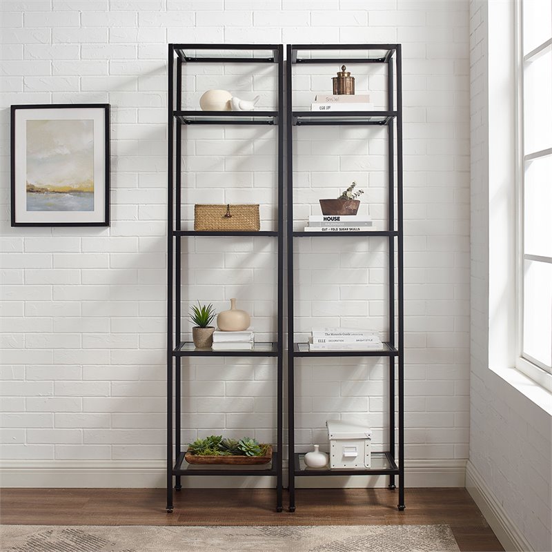 Bowery Hill 4-Shelf Metal/Glass Etagere Bookcase in Bronze/Clear (Set of 2)