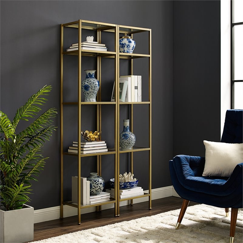 Bowery Hill 4-Shelf Metal/Glass Etagere Bookcase in Soft Gold/Clear (Set of 2)