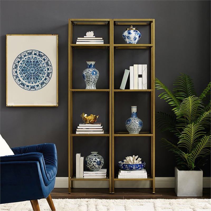 Bowery Hill 4-Shelf Metal/Glass Etagere Bookcase in Soft Gold/Clear (Set of 2)