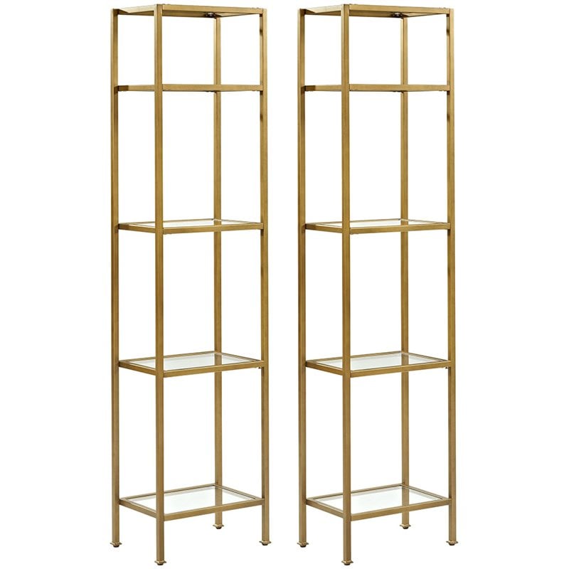 Bowery Hill 4-Shelf Metal/Glass Etagere Bookcase in Soft Gold/Clear (Set of 2)